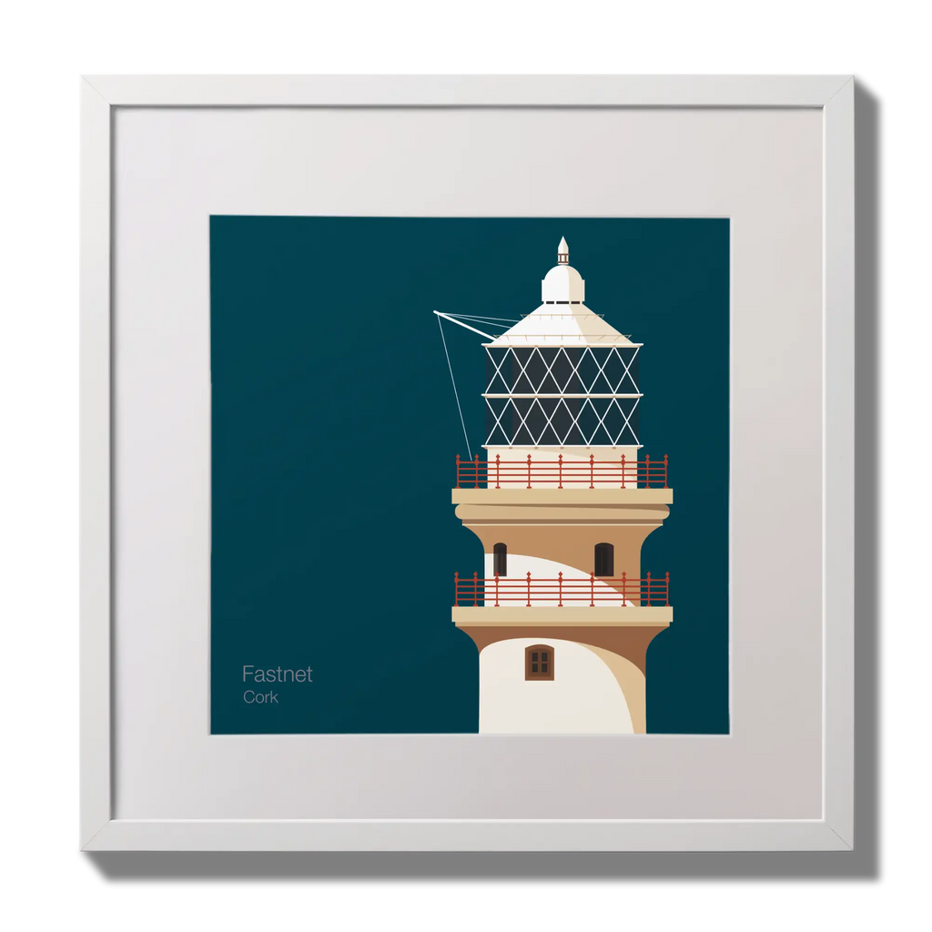 Illustration of Fastnet lighthouse on a midnight blue background,  in a white square frame measuring 30x30cm.