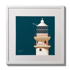 Illustration of Fastnet lighthouse on a midnight blue background,  in a white square frame measuring 30x30cm.