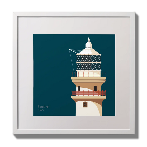 Illustration of Fastnet lighthouse on a midnight blue background,  in a white square frame measuring 30x30cm.
