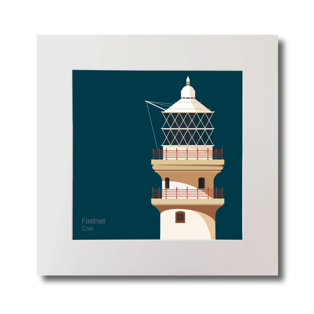 Illustration of Fastnet lighthouse on a midnight blue background, mounted and measuring 30x30cm.