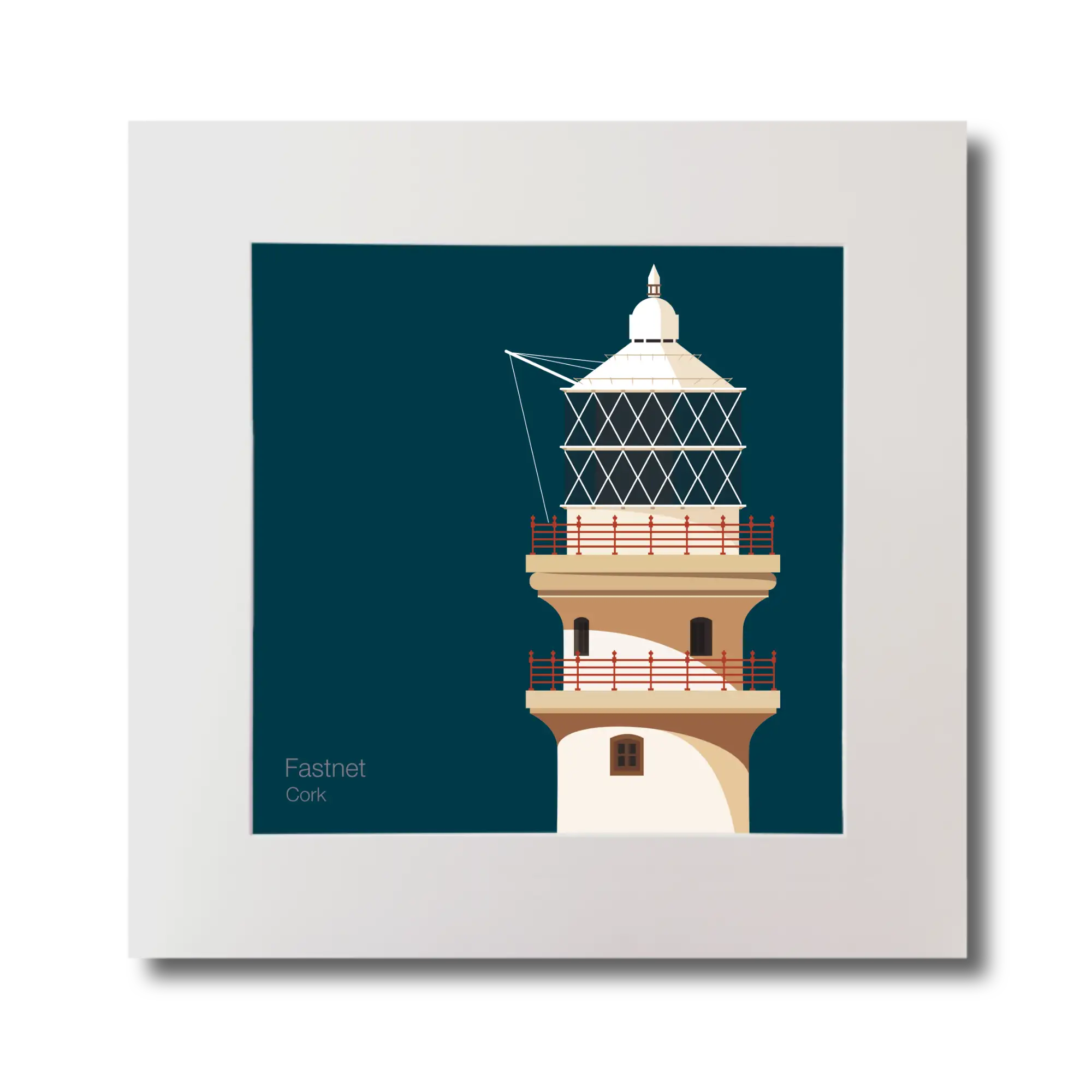 Illustration of Fastnet lighthouse on a midnight blue background, mounted and measuring 30x30cm.