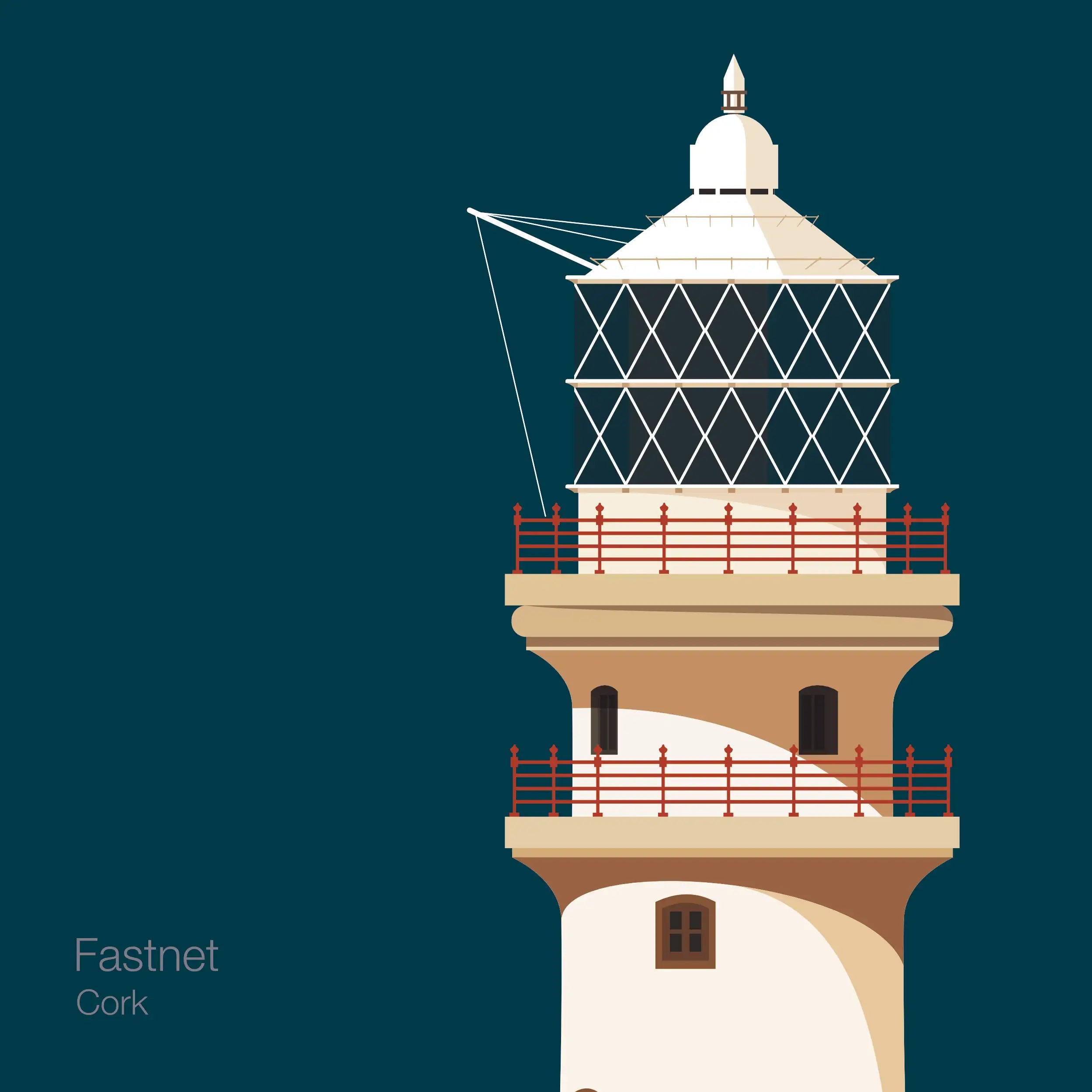 Illustration of Fastnet lighthouse on a midnight blue background