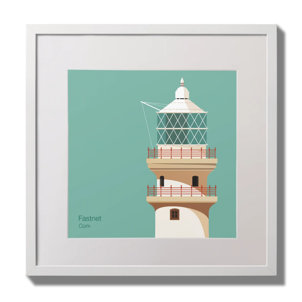 Illustration of Fastnet lighthouse on an ocean green background,  in a white square frame measuring 30x30cm.