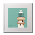 Illustration of Fastnet lighthouse on an ocean green background,  in a white square frame measuring 30x30cm.