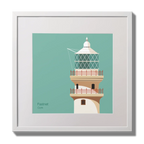 Illustration of Fastnet lighthouse on an ocean green background,  in a white square frame measuring 30x30cm.