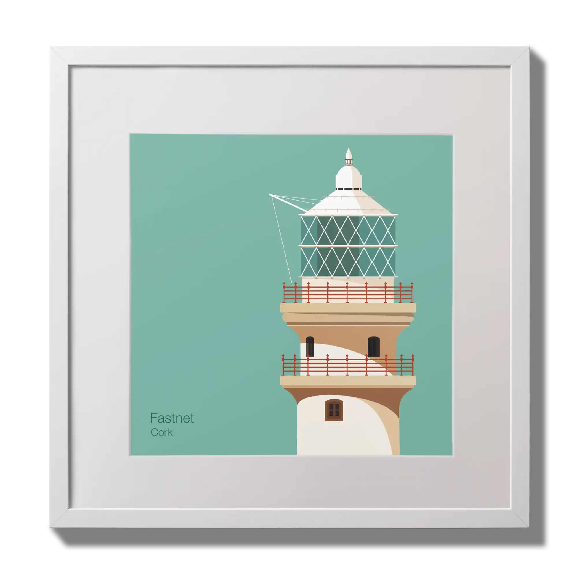 Illustration of Fastnet lighthouse on an ocean green background,  in a white square frame measuring 30x30cm.