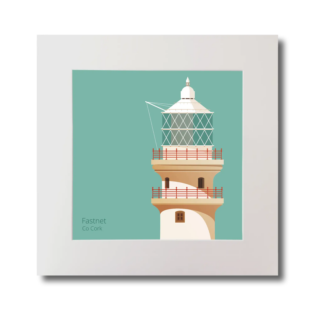 Illustration of Fastnet lighthouse on an ocean green background, mounted and measuring 30x30cm.