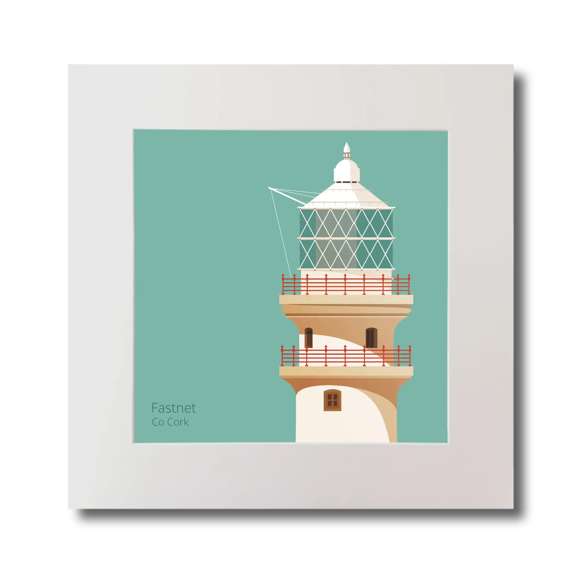 Illustration of Fastnet lighthouse on an ocean green background, mounted and measuring 30x30cm.