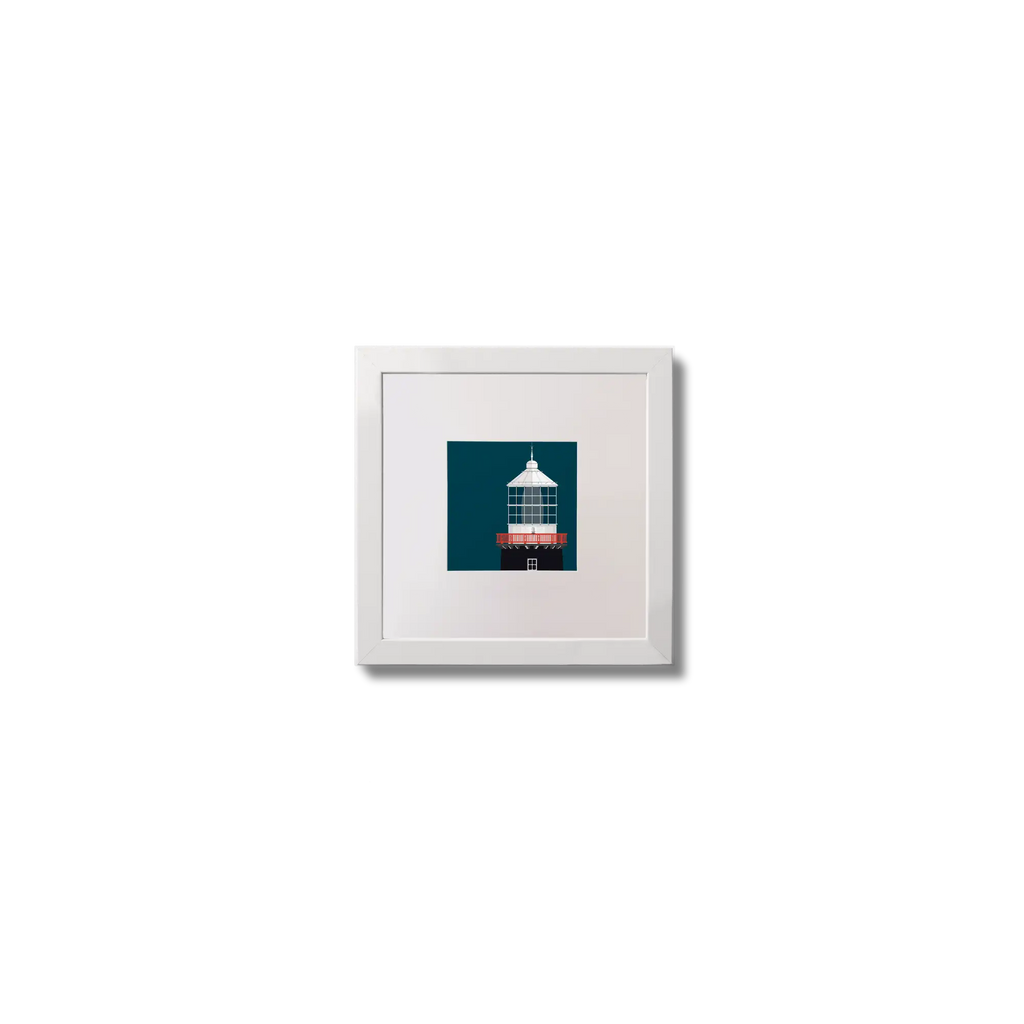 Illustration of Old Head of Kinsale lighthouse on a midnight blue background,  in a white square frame measuring 10x10cm.