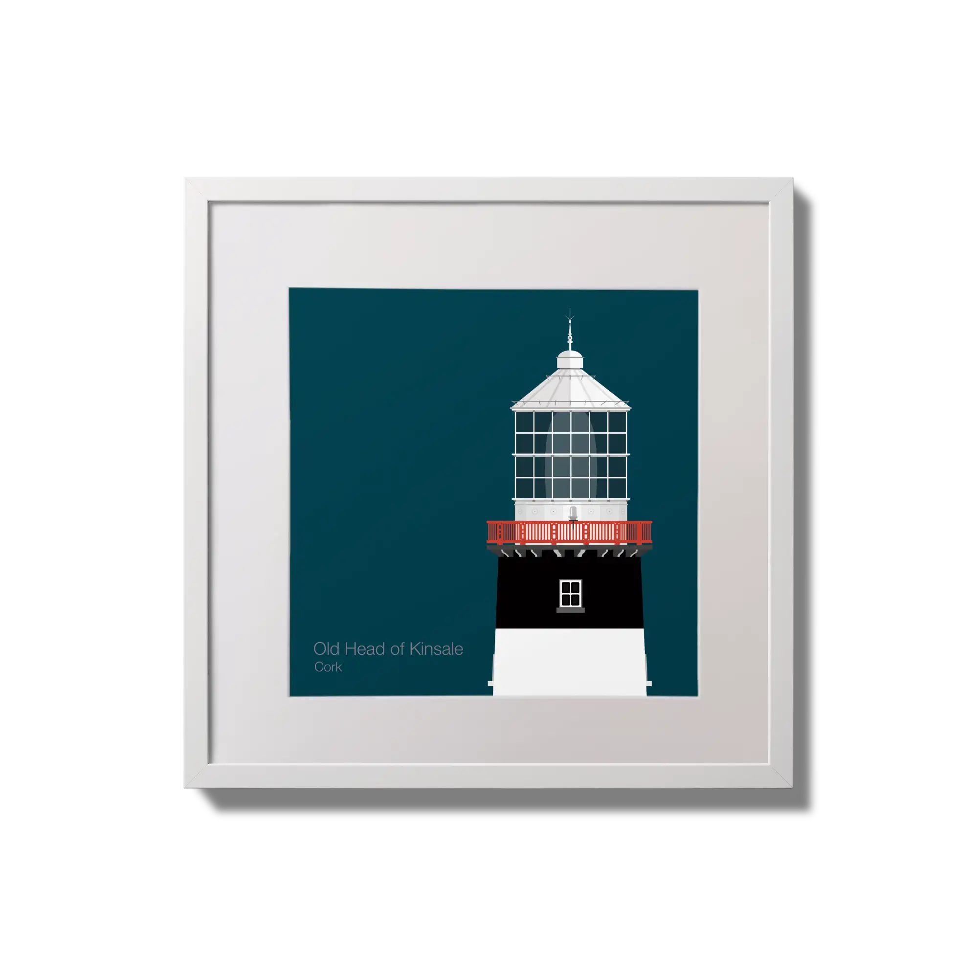 Illustration of Old Head of Kinsale lighthouse on a midnight blue background,  in a white square frame measuring 20x20cm.
