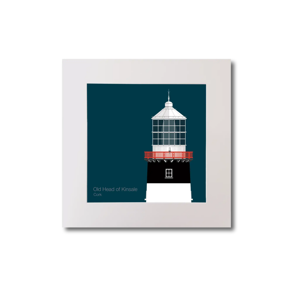 Illustration of Old Head of Kinsale lighthouse on a midnight blue background, mounted and measuring 20x20cm.