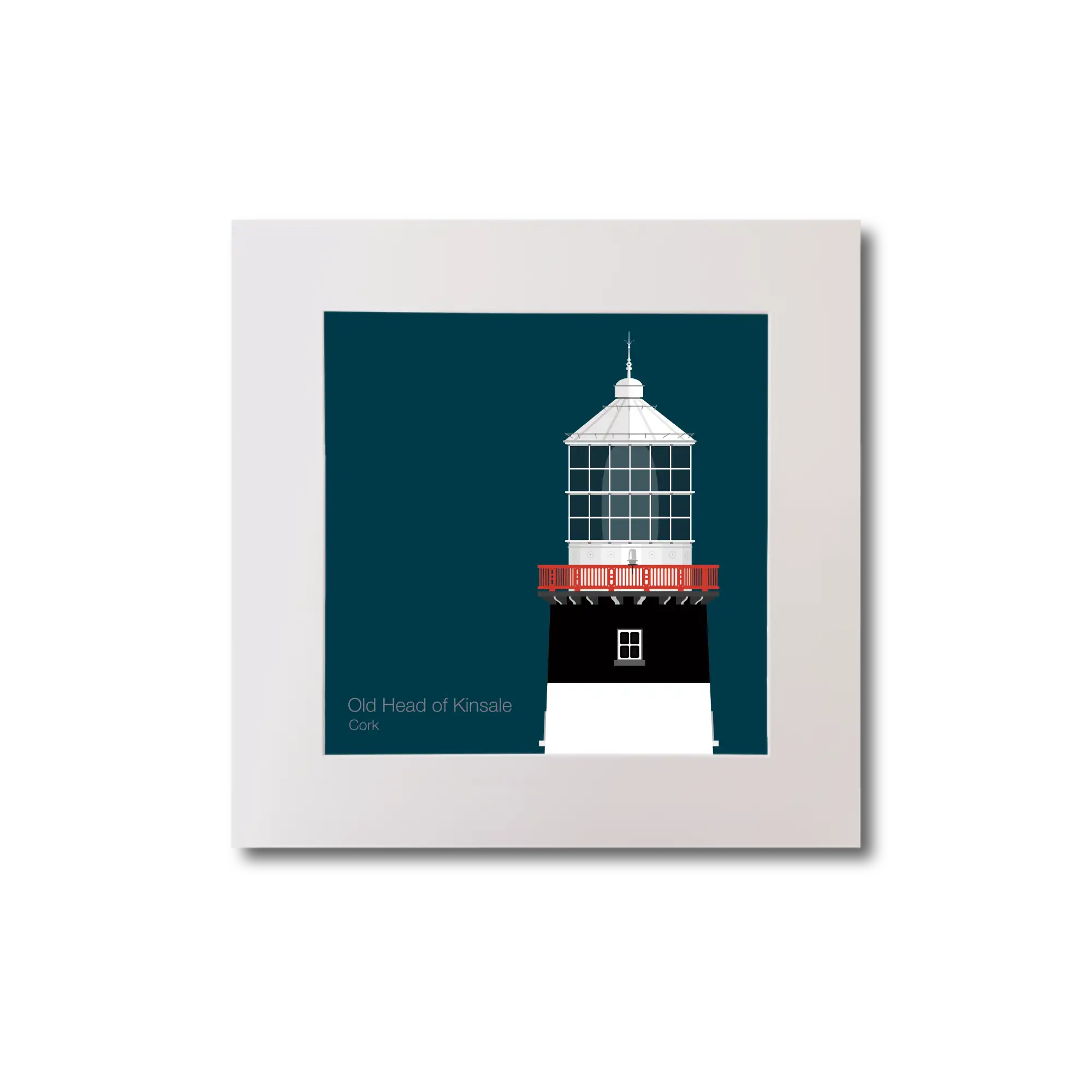 Illustration of Old Head of Kinsale lighthouse on a midnight blue background, mounted and measuring 20x20cm.