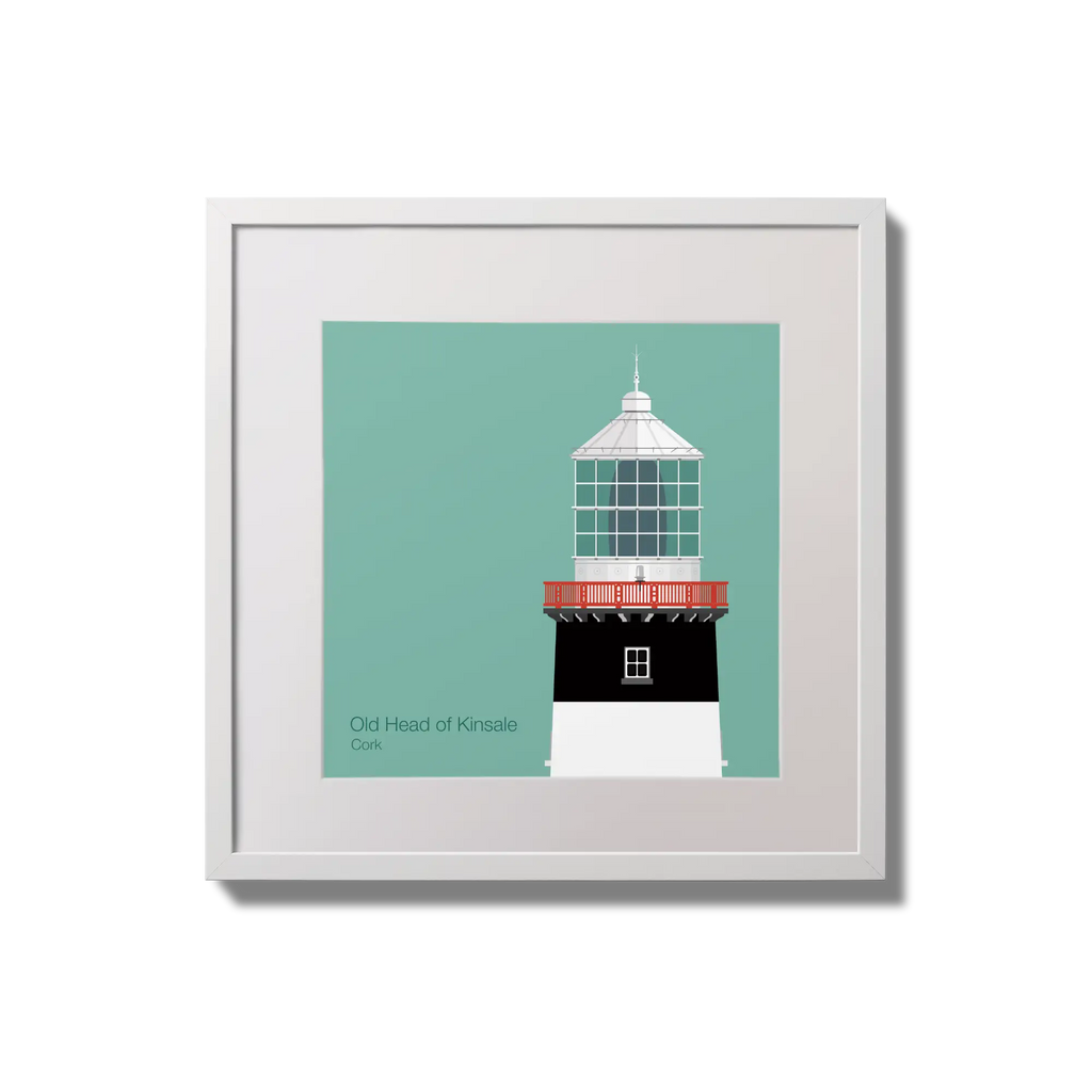 Illustration of Old Head of Kinsale lighthouse on an ocean green background,  in a white square frame measuring 20x20cm.