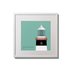 Illustration of Old Head of Kinsale lighthouse on an ocean green background,  in a white square frame measuring 20x20cm.