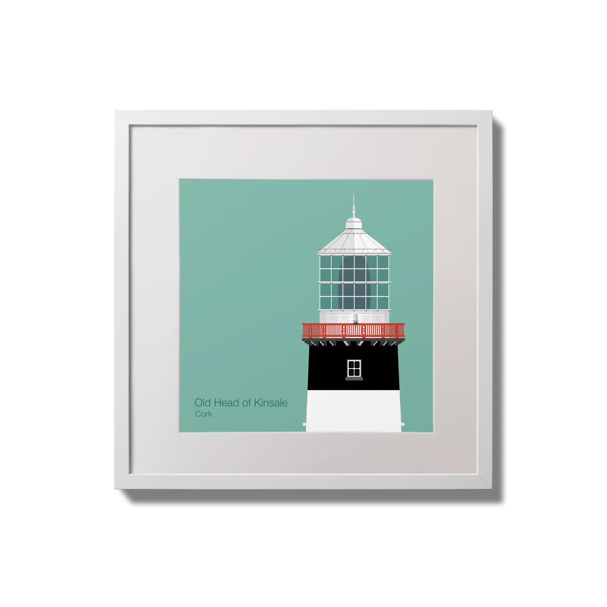 Illustration of Old Head of Kinsale lighthouse on an ocean green background,  in a white square frame measuring 20x20cm.