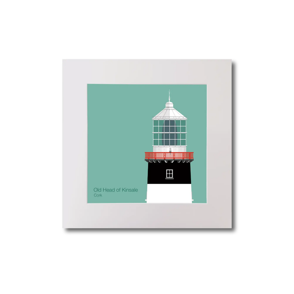 Illustration of Old Head of Kinsale lighthouse on an ocean green background, mounted and measuring 20x20cm.
