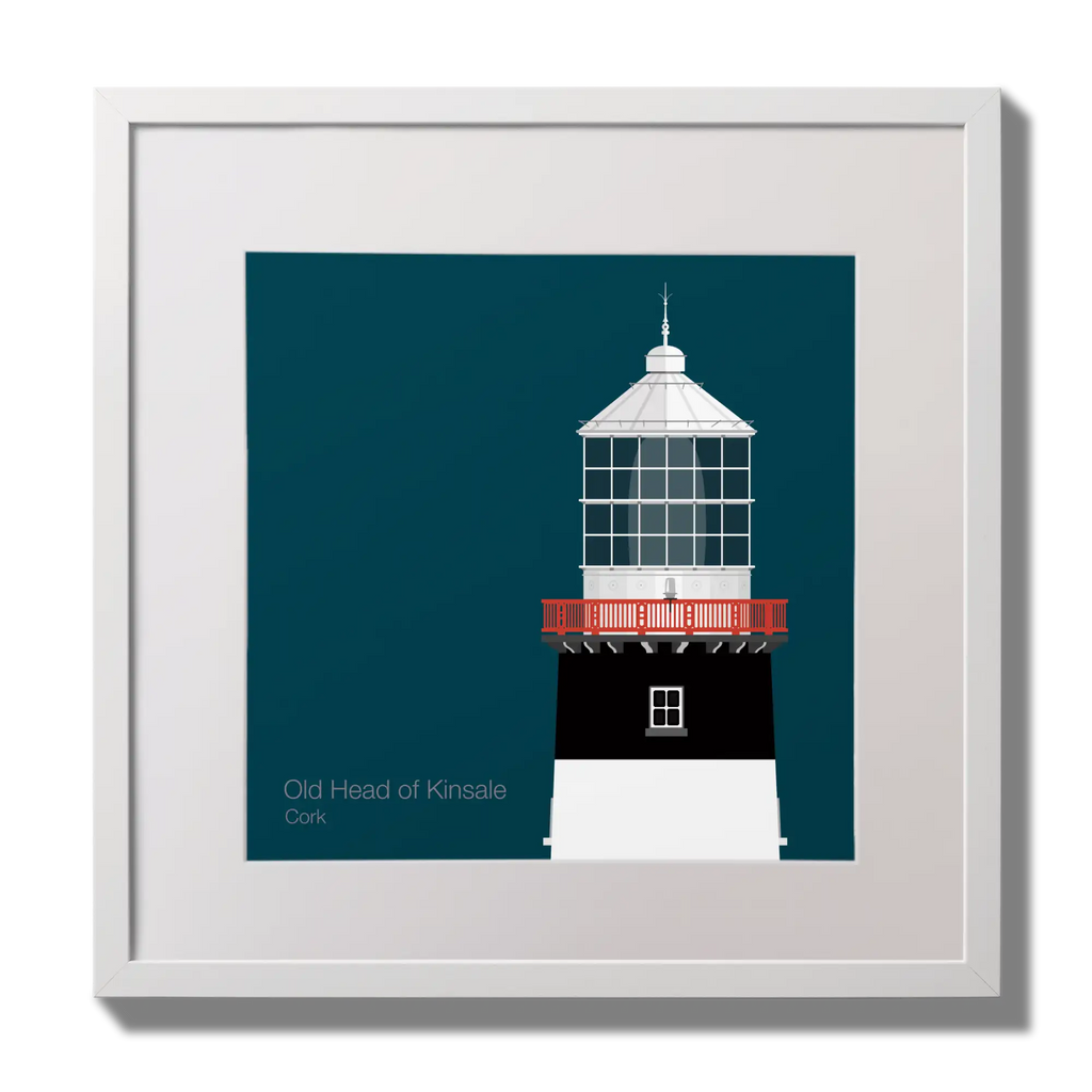 Illustration of Old Head of Kinsale lighthouse on a midnight blue background,  in a white square frame measuring 30x30cm.