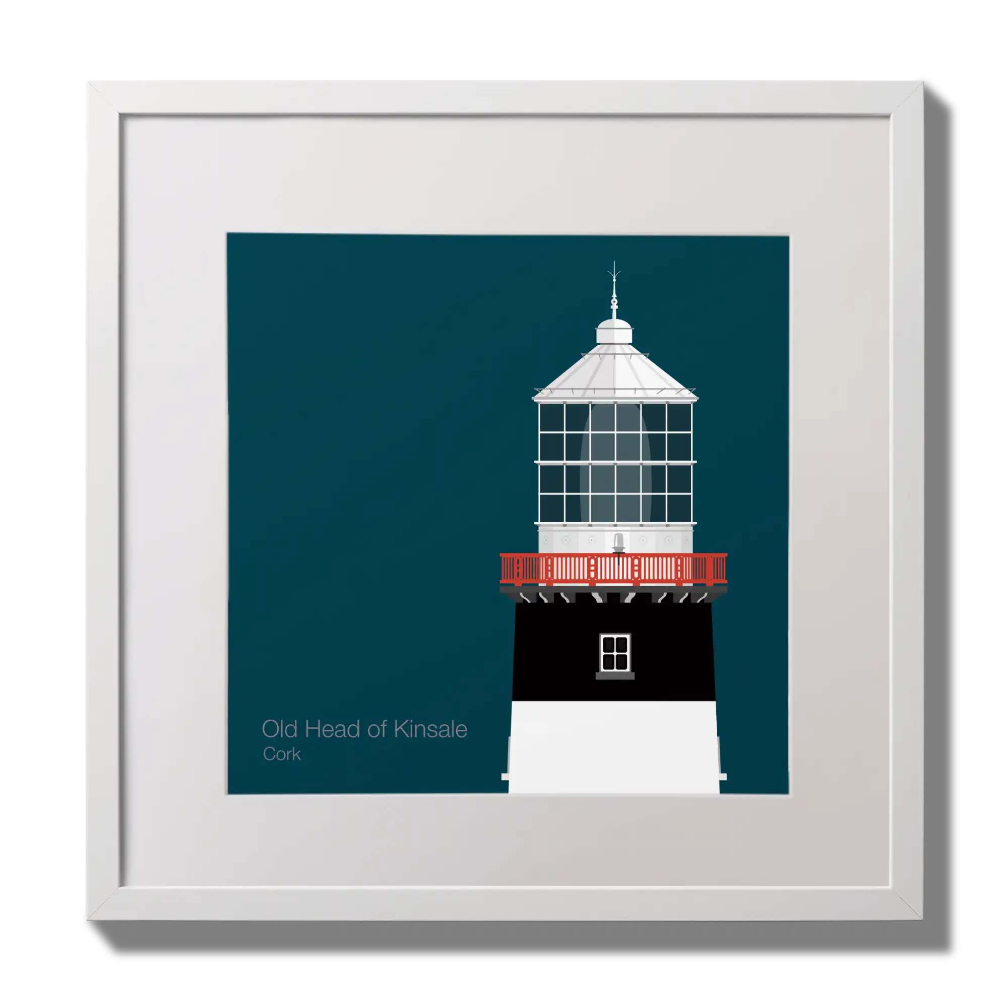Illustration of Old Head of Kinsale lighthouse on a midnight blue background,  in a white square frame measuring 30x30cm.