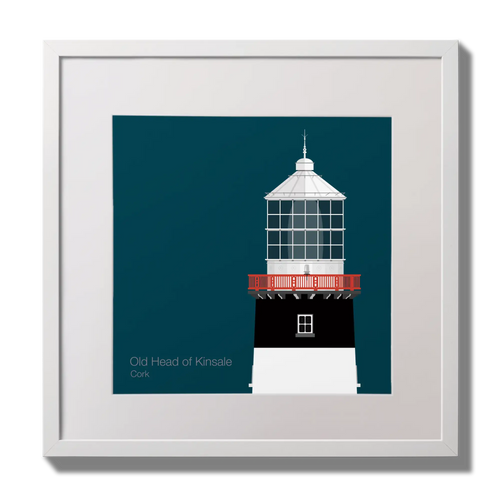 Illustration of Old Head of Kinsale lighthouse on a midnight blue background,  in a white square frame measuring 30x30cm.
