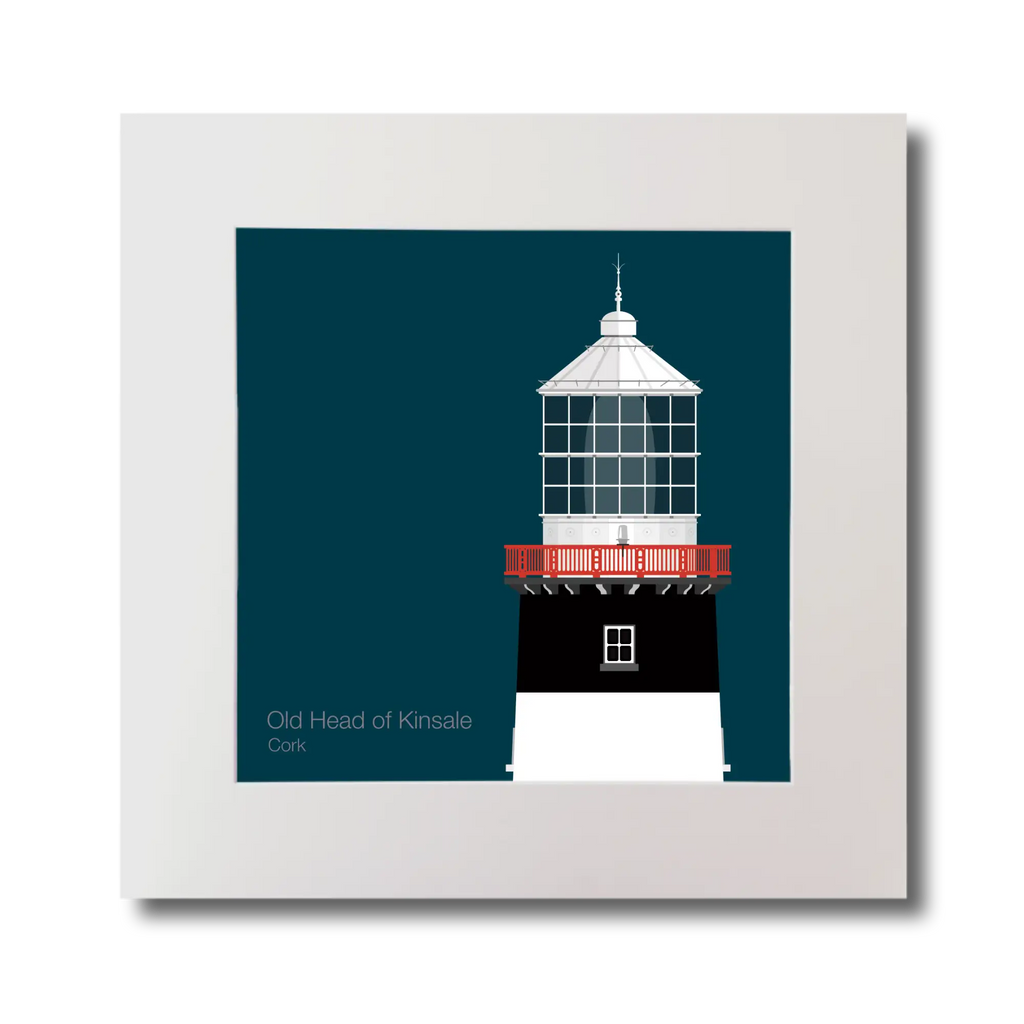 Illustration of Old Head of Kinsale lighthouse on a midnight blue background, mounted and measuring 30x30cm.