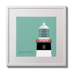 Illustration of Old Head of Kinsale lighthouse on an ocean green background,  in a white square frame measuring 30x30cm.