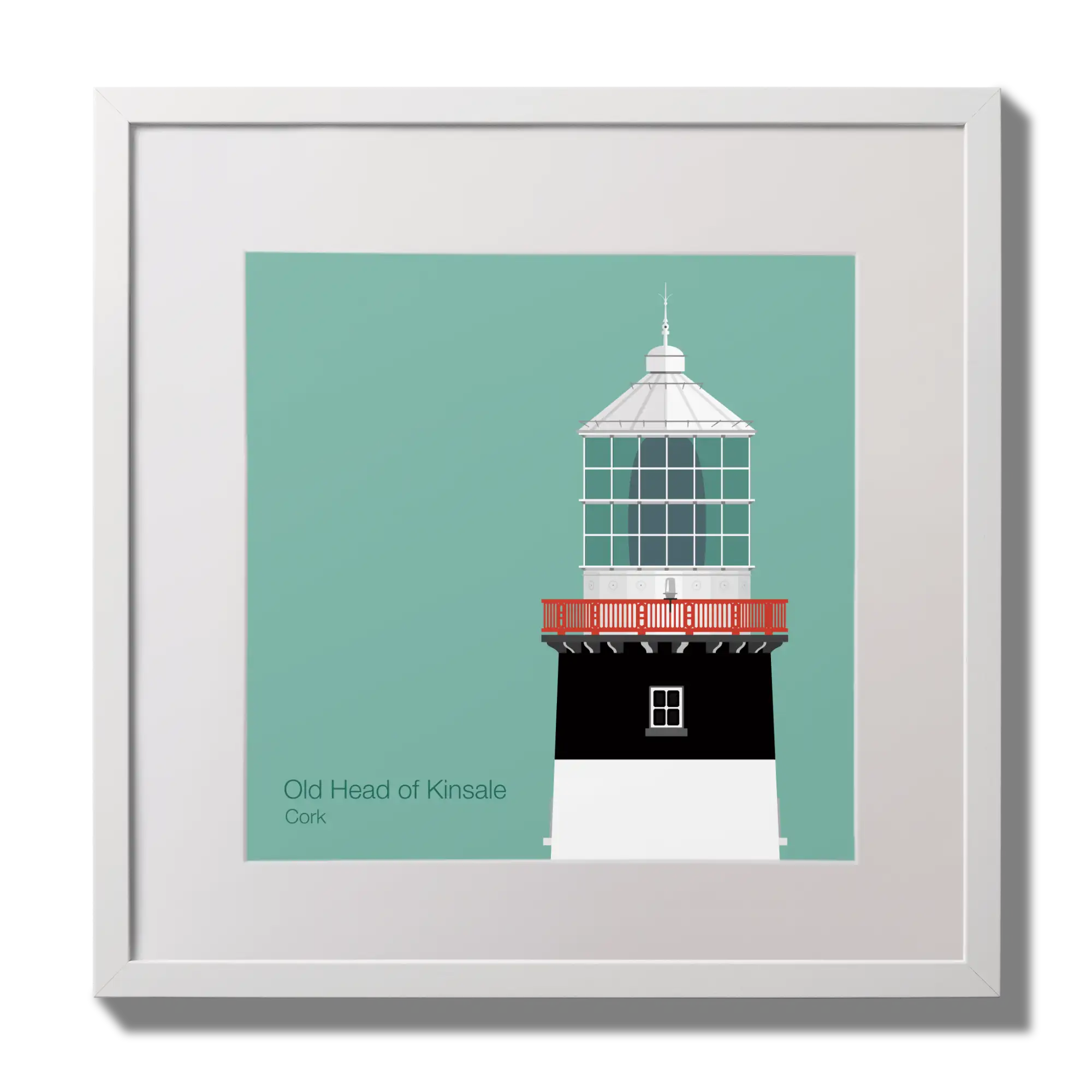 Illustration of Old Head of Kinsale lighthouse on an ocean green background,  in a white square frame measuring 30x30cm.