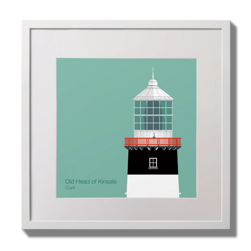 Illustration of Old Head of Kinsale lighthouse on an ocean green background,  in a white square frame measuring 30x30cm.