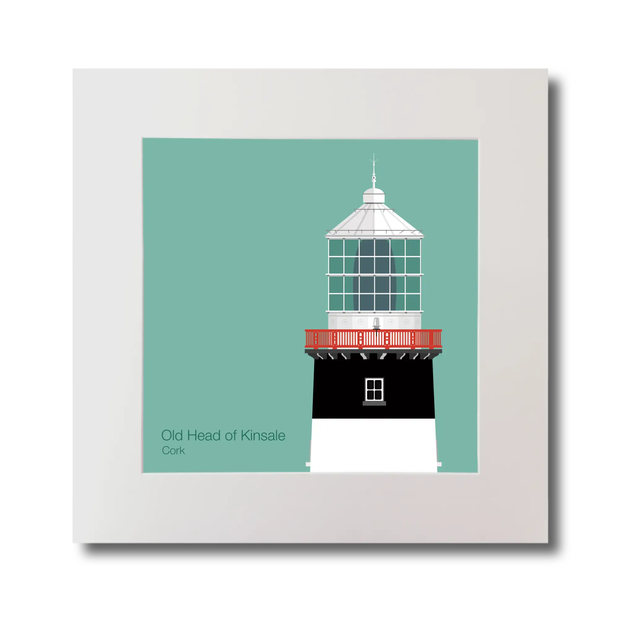 Illustration of Old Head of Kinsale lighthouse on an ocean green background, mounted and measuring 30x30cm.