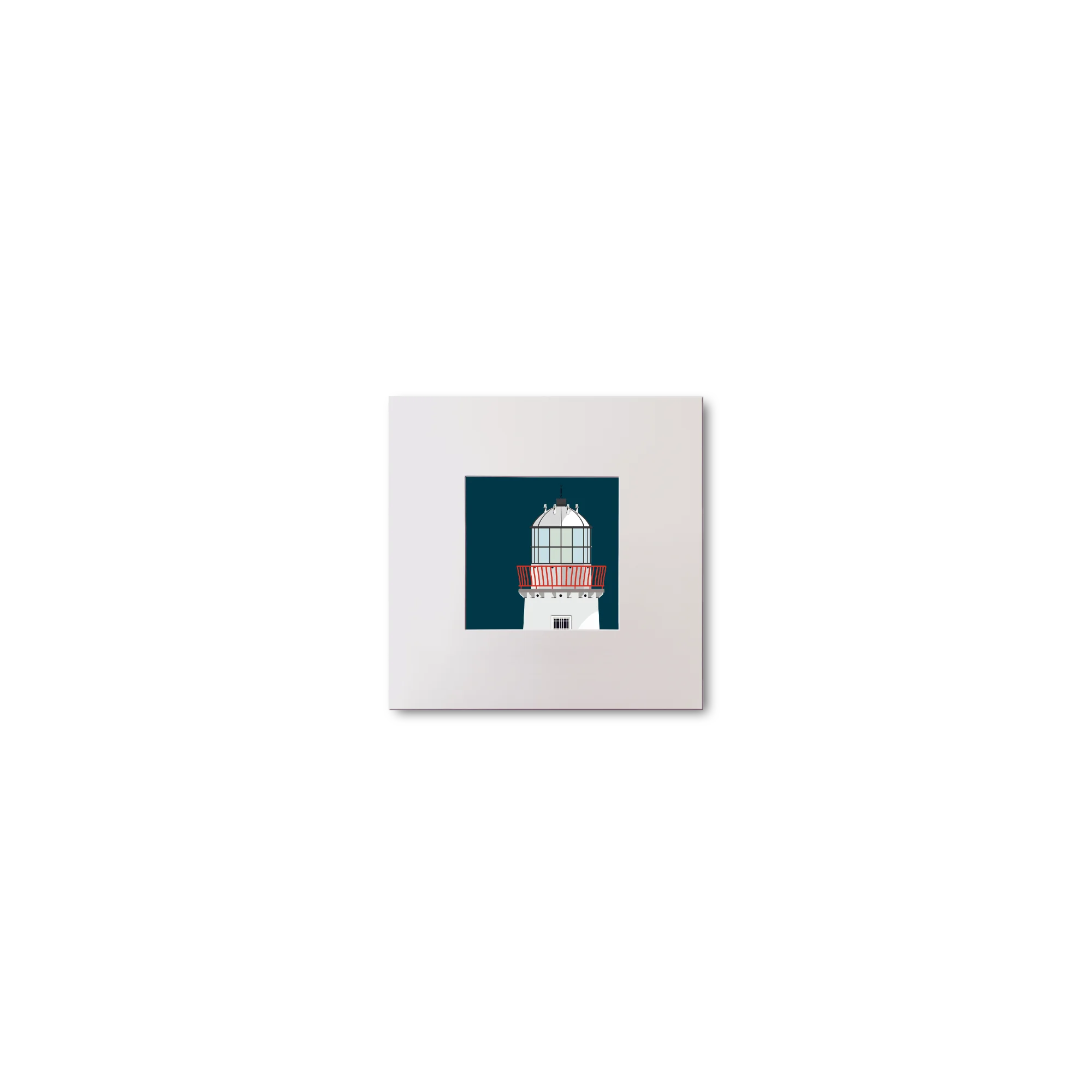 Illustration of Mutton Island lighthouse on a midnight blue background, mounted and measuring 10x10cm.