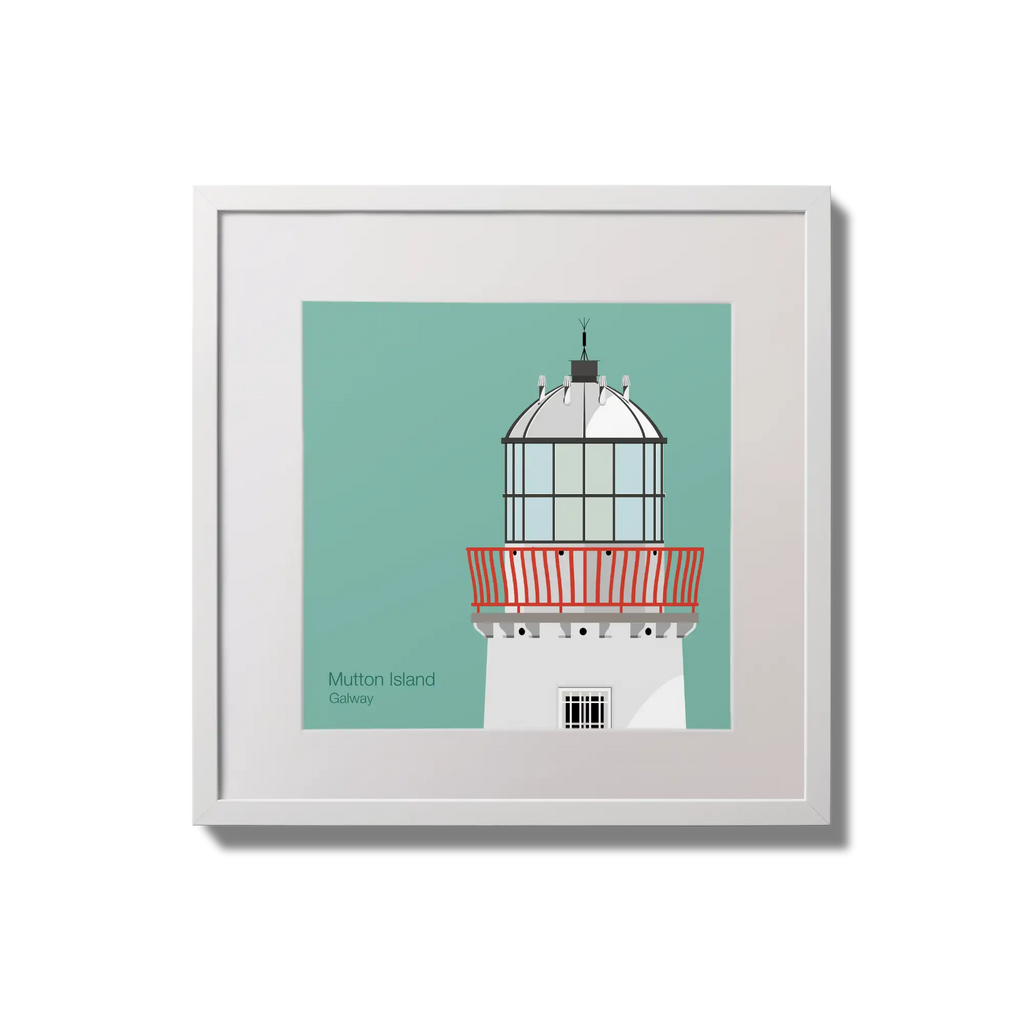 Illustration of Mutton Island lighthouse on an ocean green background,  in a white square frame measuring 20x20cm.