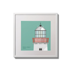 Illustration of Mutton Island lighthouse on an ocean green background,  in a white square frame measuring 20x20cm.