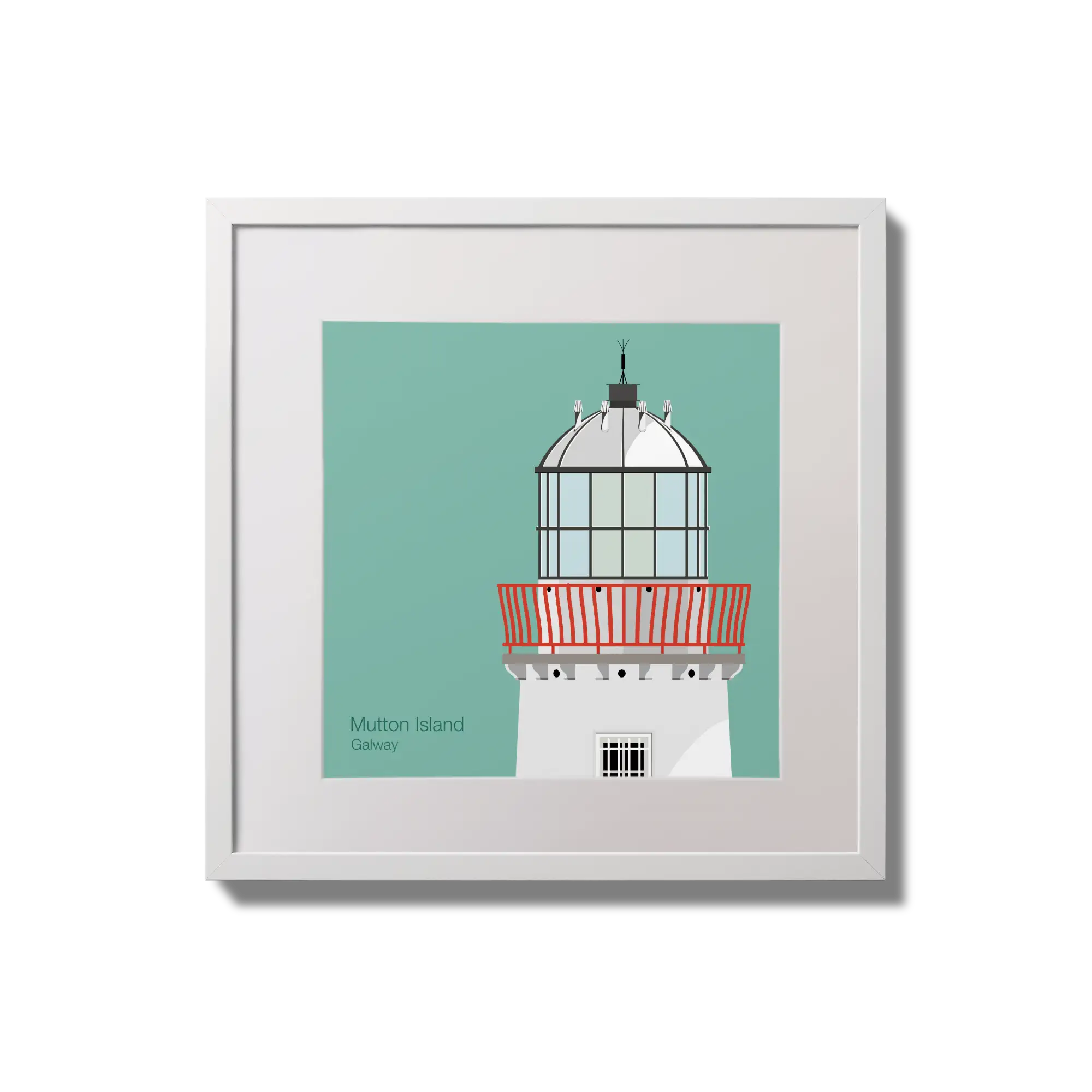 Illustration of Mutton Island lighthouse on an ocean green background,  in a white square frame measuring 20x20cm.
