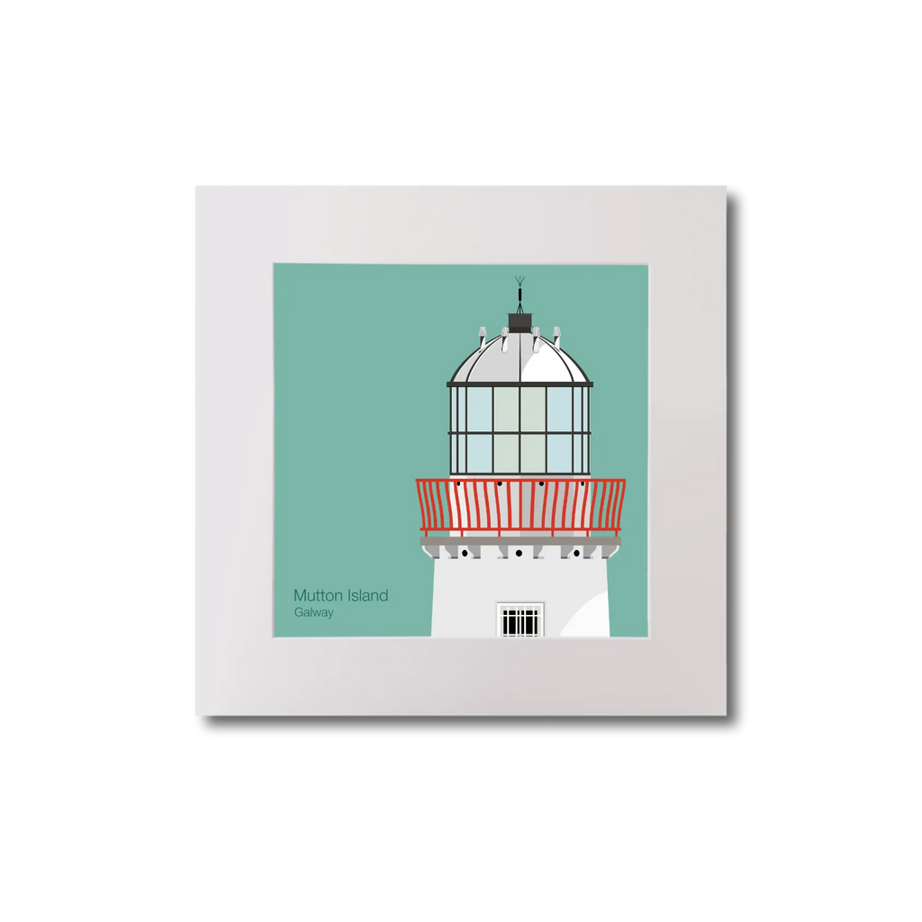 Illustration of Mutton Island lighthouse on an ocean green background, mounted and measuring 20x20cm.