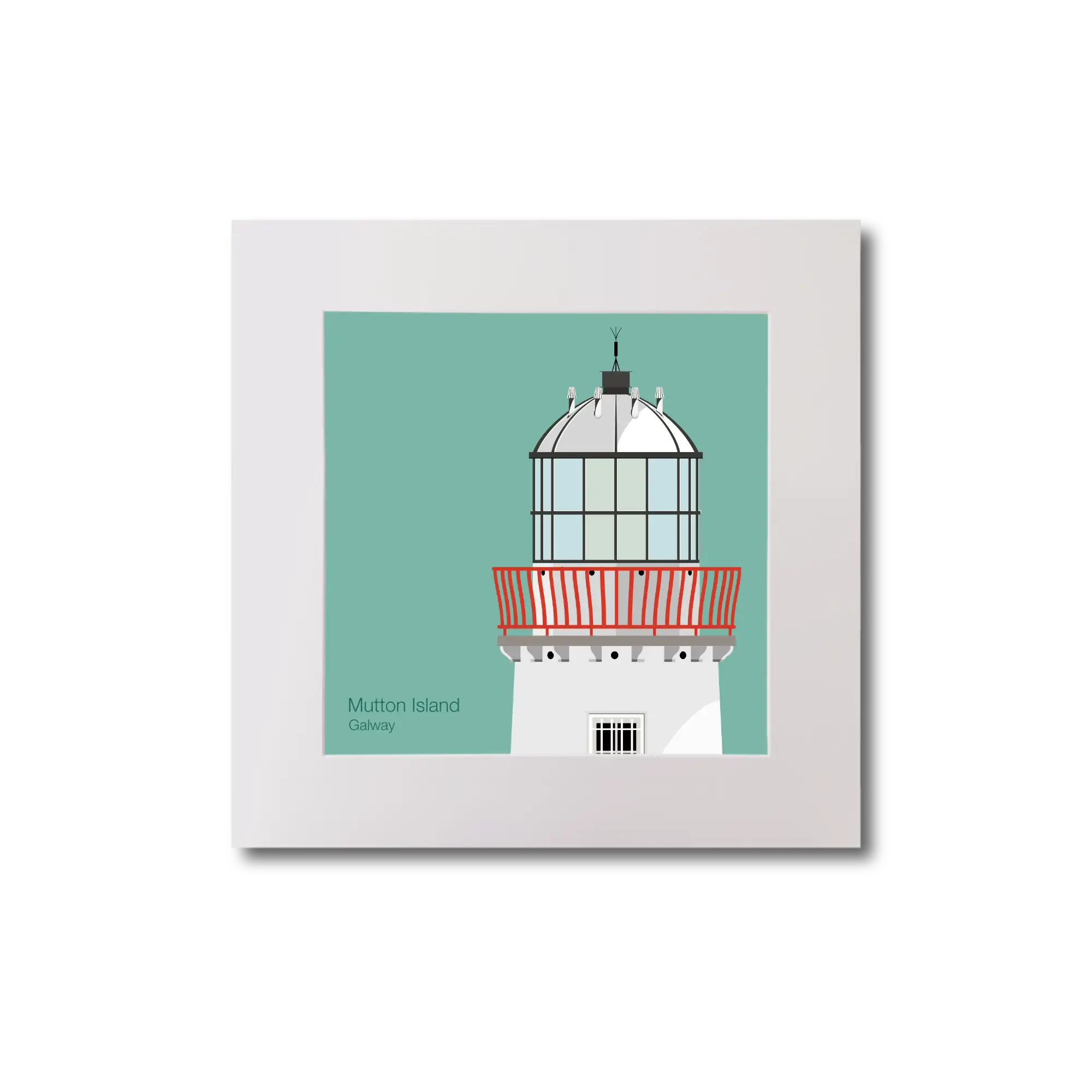 Illustration of Mutton Island lighthouse on an ocean green background, mounted and measuring 20x20cm.