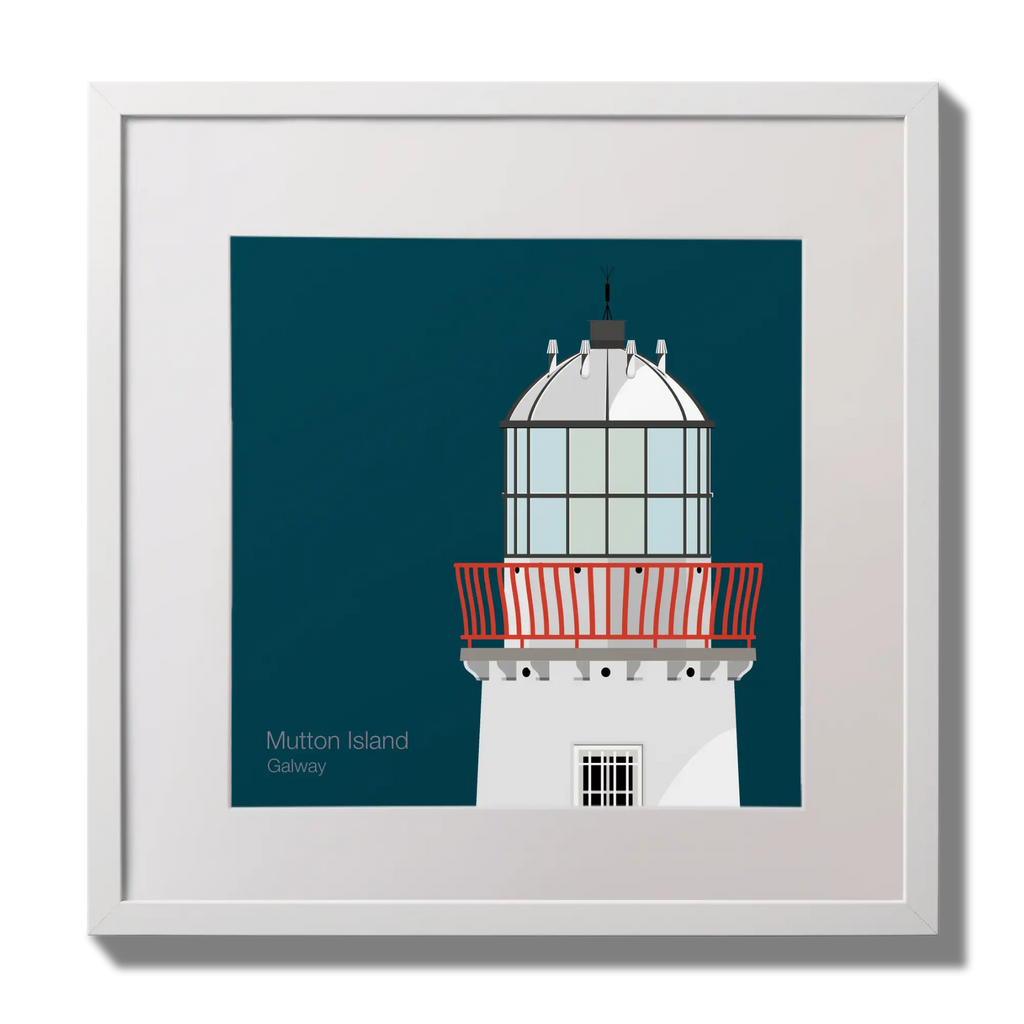 Illustration of Mutton Island lighthouse on a midnight blue background,  in a white square frame measuring 30x30cm.