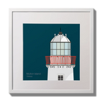 Illustration of Mutton Island lighthouse on a midnight blue background,  in a white square frame measuring 30x30cm.