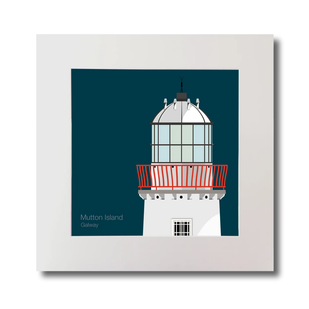 Illustration of Mutton Island lighthouse on a midnight blue background, mounted and measuring 30x30cm.
