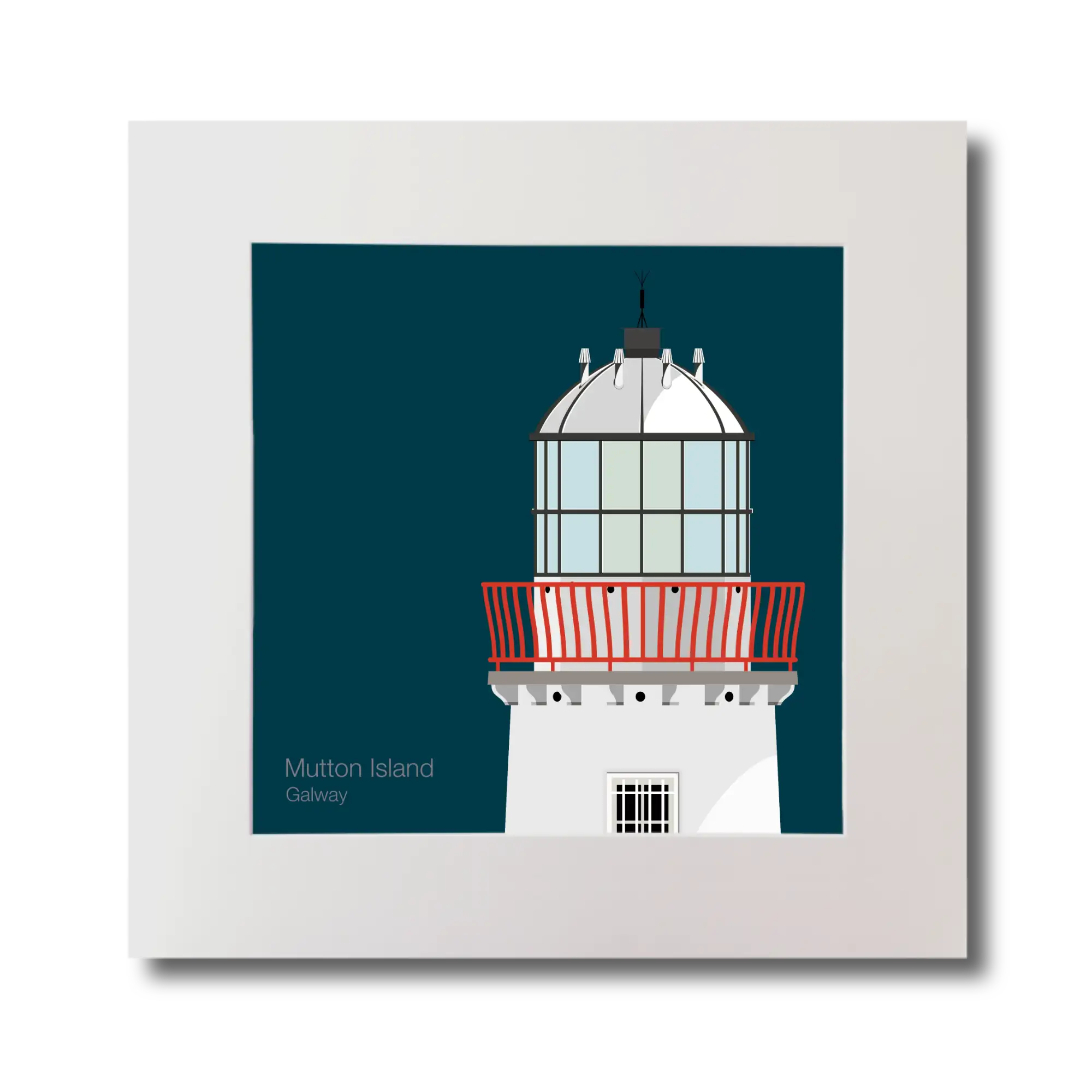 Illustration of Mutton Island lighthouse on a midnight blue background, mounted and measuring 30x30cm.