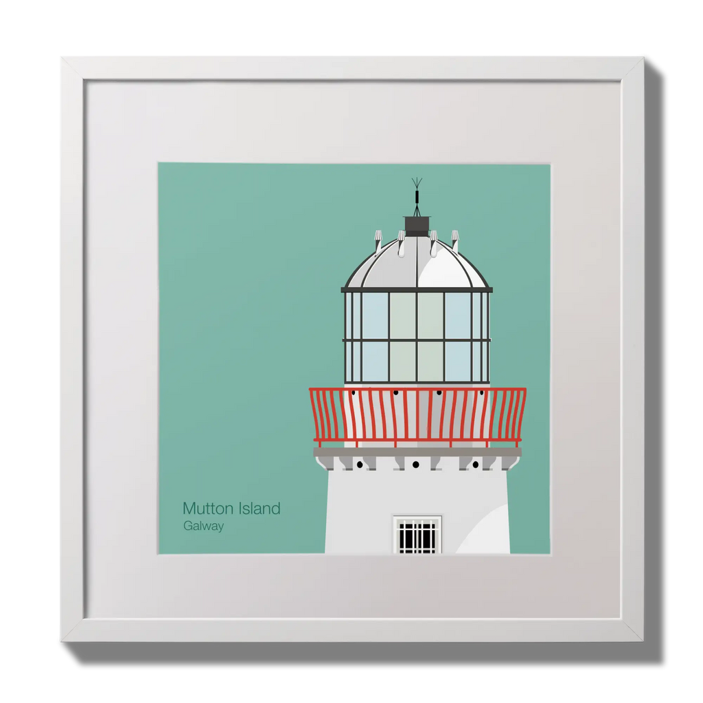 Illustration of Mutton Island lighthouse on an ocean green background,  in a white square frame measuring 30x30cm.