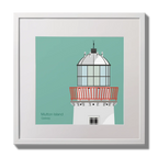 Illustration of Mutton Island lighthouse on an ocean green background,  in a white square frame measuring 30x30cm.
