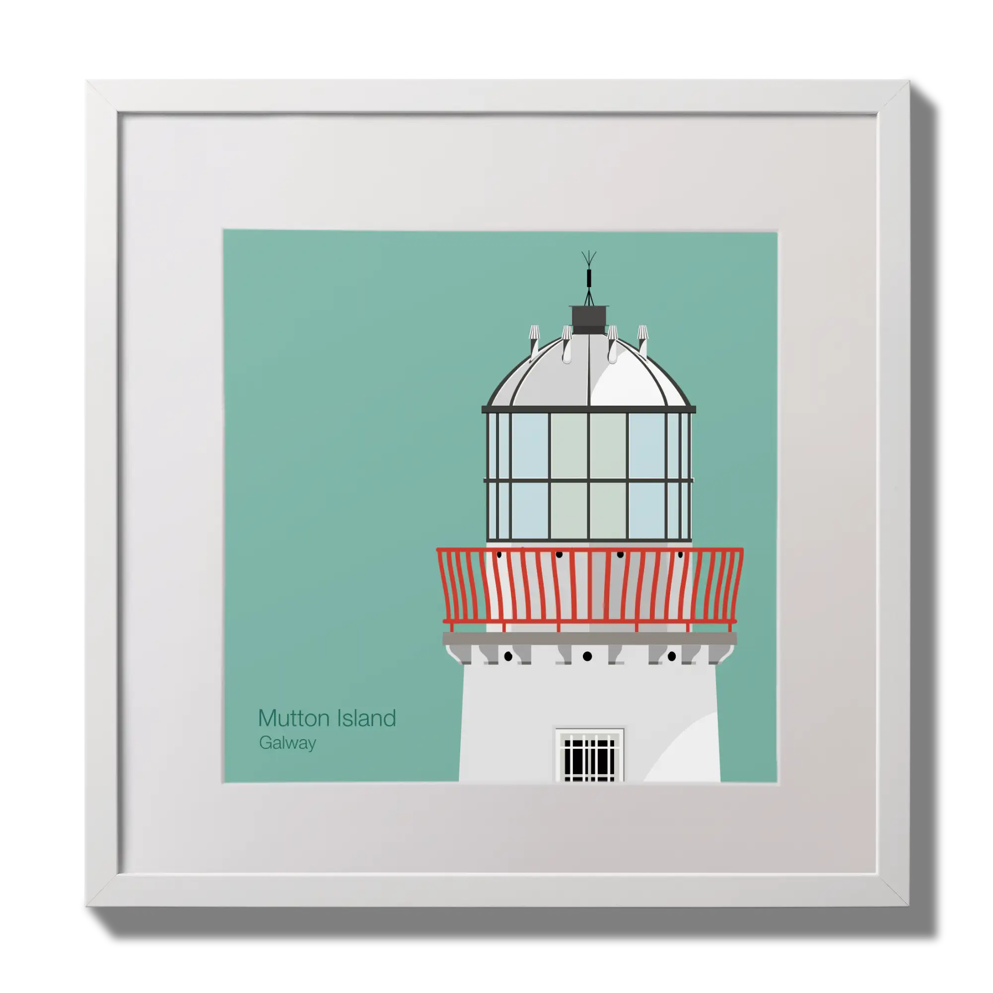 Illustration of Mutton Island lighthouse on an ocean green background,  in a white square frame measuring 30x30cm.
