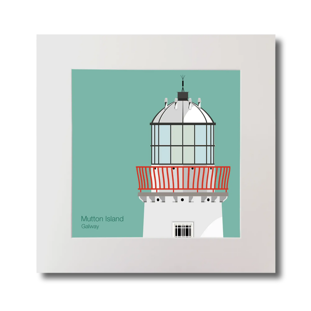 Illustration of Mutton Island lighthouse on an ocean green background, mounted and measuring 30x30cm.
