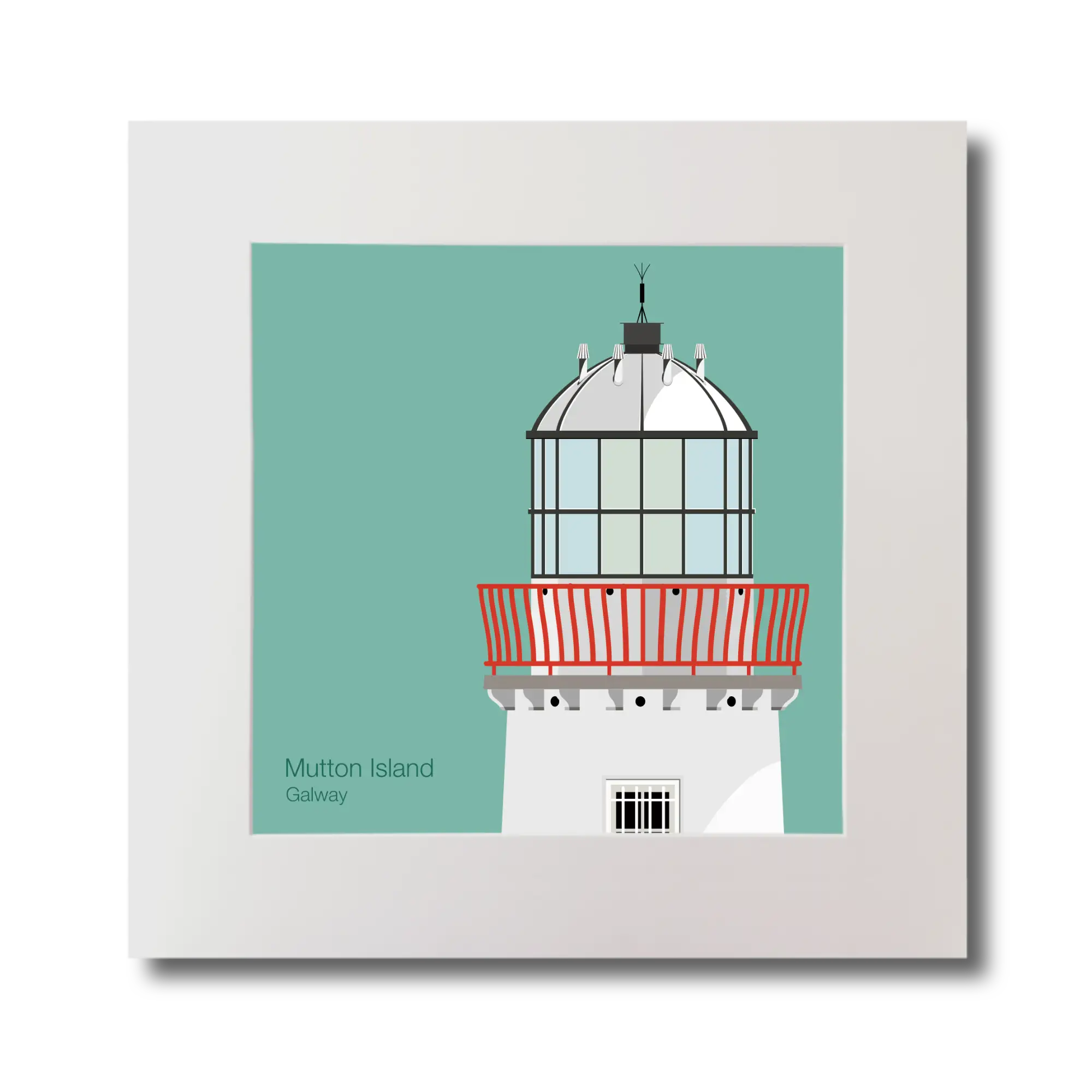 Illustration of Mutton Island lighthouse on an ocean green background, mounted and measuring 30x30cm.