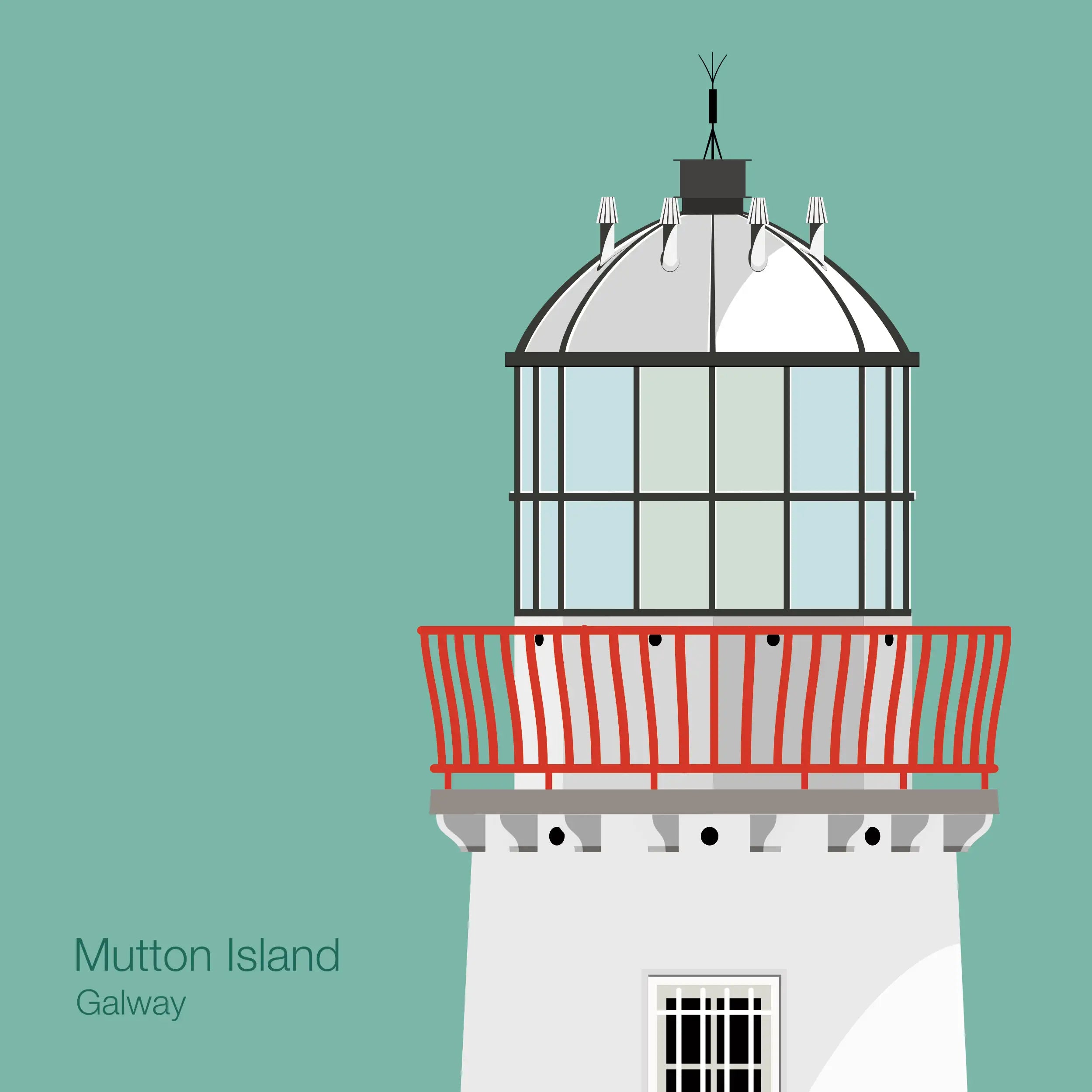 Illustration of Mutton Island lighthouse on an ocean green background