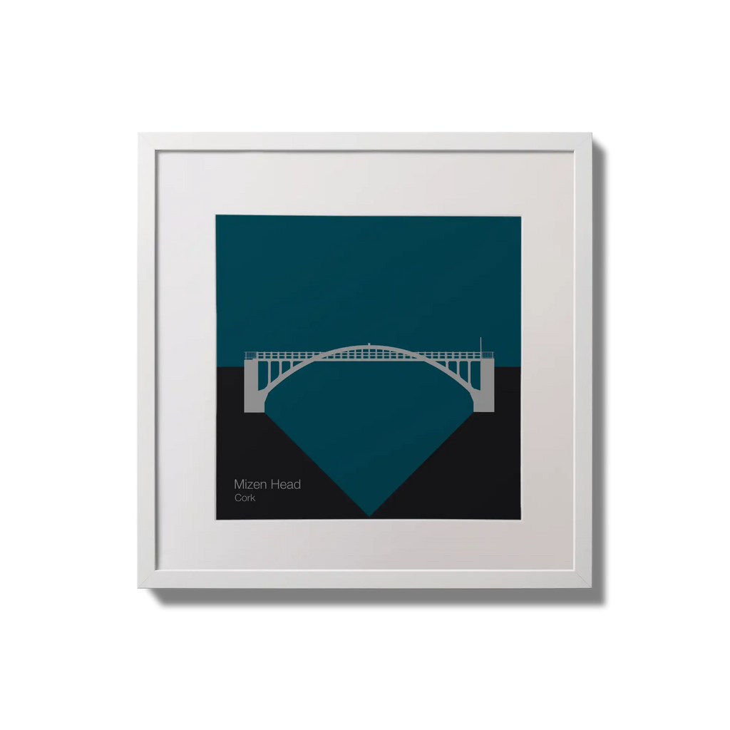 Framed artwork of a bridge on a blue background with 'Mizen Head, Cork' text.