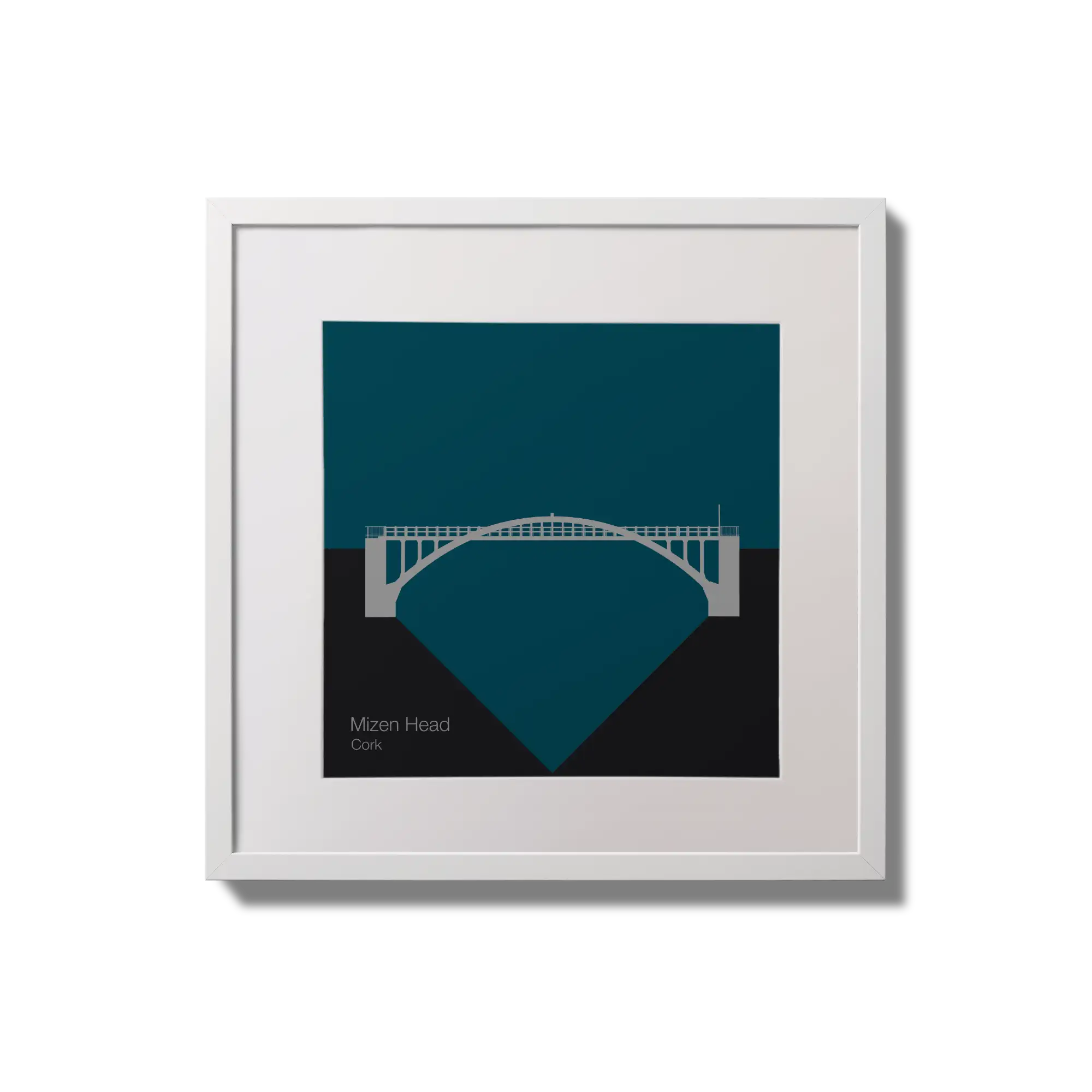 Framed artwork of a bridge on a blue background with 'Mizen Head, Cork' text.