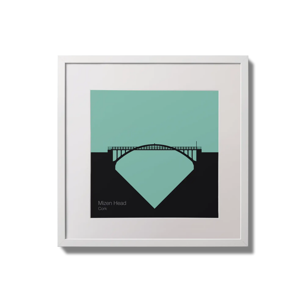 Framed artwork of Mizen Head  bridge on an ocean green background