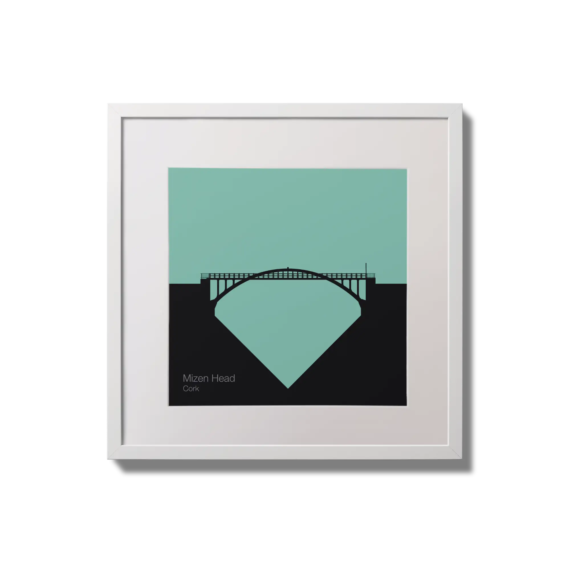 Framed artwork of Mizen Head  bridge on an ocean green background