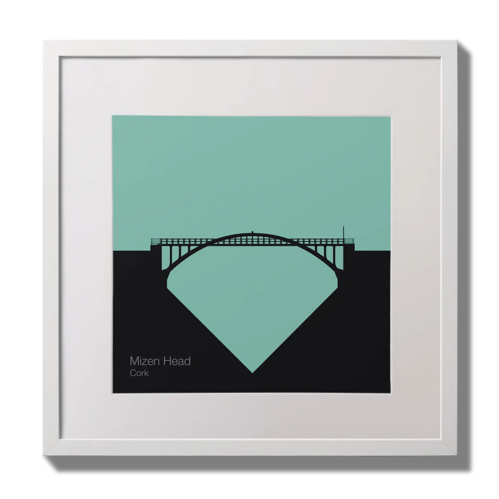 Framed artwork of Mizen Head, Cork with a teal sky and black silhouette.