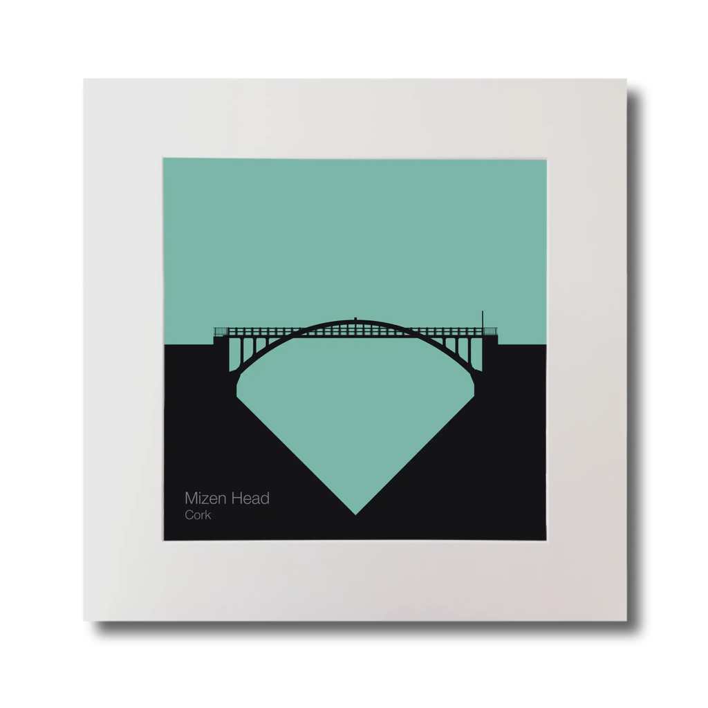 Art print of Mizen Head, Cork with a teal and black design on a white background